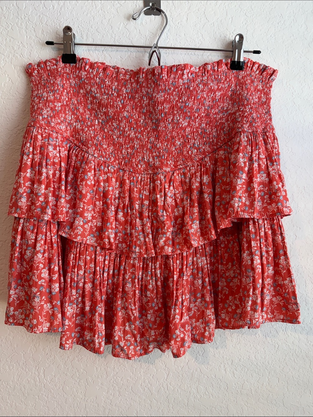Versona Coral Pink Floral Tiered Smocked Mini Skirt